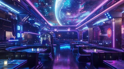 A space-themed nightclub with futuristic architecture, simulated zero-gravity dance floors, and cosmic projections of stars and planets.