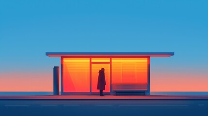 Silhouette of person waiting at a bus stop during sunset illustration.