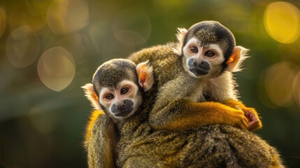 Obraz premium Two Squirrel Monkeys Cuddling in the Forest
