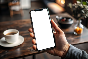 Hand holding a smartphone displaying interior design photos, with a cup of coffee on a wooden table in the background.
