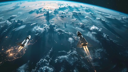 Space shuttles soar above Earth,leaving fiery trails against a backdrop of swirling clouds and twinkling city lights.