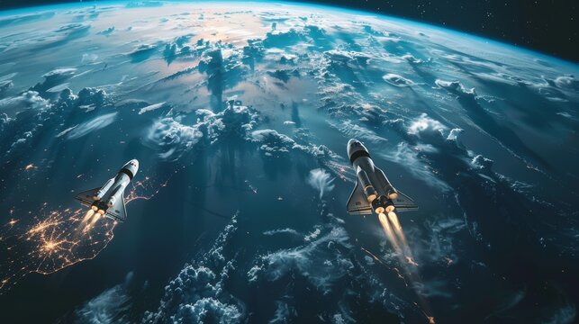 Space shuttles soar above Earth,leaving fiery trails against a backdrop of swirling clouds and twinkling city lights.