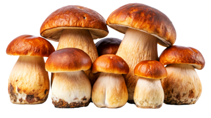 Group of fresh porcini mushrooms with dark brown caps and thick stems arranged together on a Transparent background.
