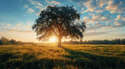 Silhouette of a lone tree in a field at sunset. Golden hour,peaceful landscape.