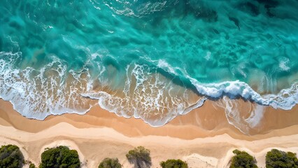 Fototapeta premium Aerial view of turquoise waves on a golden sandy beach with vibrant greenery. Summer vacation holidays background. Generative AI