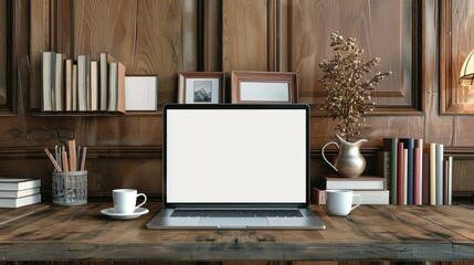 Cozy wooden desk with laptop, blank white screen, books, coffee cup, and picture frame