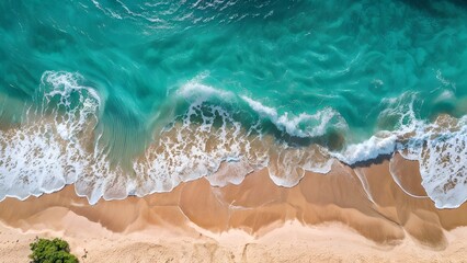 Fototapeta premium Aerial view of turquoise ocean waves crashing on golden sand beach in bright sunlight. Summer vacation holidays background. Generative AI