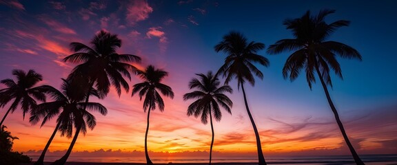 Silhouetted palm trees at sunset over tropical beach with colorful sky. Summer vacation holidays background. Generative AI