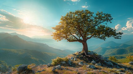 Obraz premium Lone tree on mountain peak,sunset sky,majestic landscape. Nature photography,stunning view.