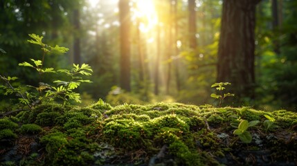 Obraz premium Sunlight shining through a lush green forest,illuminating the mossy forest floor. a concept for nature background or environmental themes.