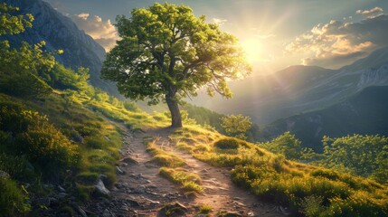 Sunlit path winding through mountain meadow,solitary tree bathed in golden light. a concept for travel or nature themes.