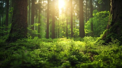 Fototapeta premium Sunlight filtering through the trees in a lush green forest. a concept for nature,tranquility,and environmental themes.