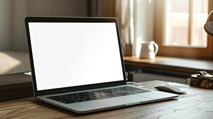 Laptop with blank white screen on wooden desk, mouse beside, ready for your content