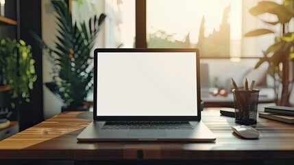 Laptop with white screen mockup on wooden working desk, mouse included, copy space