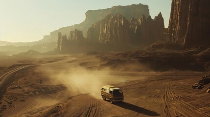 A vast desert landscape with towering rock formations and winding canyons, as a vintage camper van travels along a dusty road, seeking adventure and solitude amidst the rugged terrain.