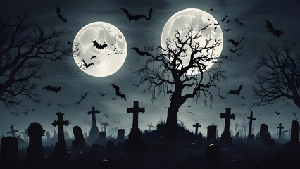 Spooky scary dark Night full moon bats on tree. Holiday event halloween banner background concept.