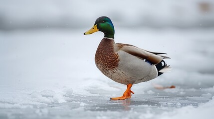 Fototapeta premium Mallard Duck Standing on Ice in Winter
