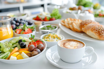 A cup of espresso coffee and buffet breakfast in hotel restaurant
