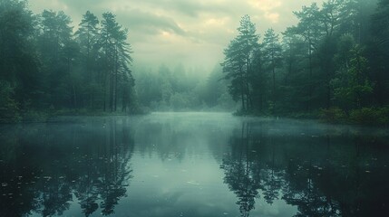 Fototapeta premium Ideal Mirror Image of Foggy Woodland in the marsh.