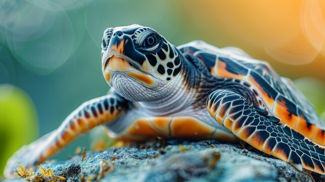 Sea Turtle Close-up: Stunning Shell Pattern on a Rock.