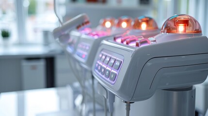 A close-up shot of a row of medical devices with red lights illuminated. The devices are in a clean, white laboratory setting.