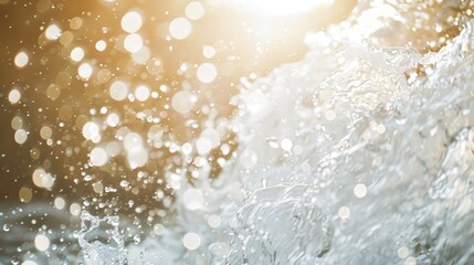 Blurred white water surface with bubbles and splashes Abstract nature background with sunlight and copy space