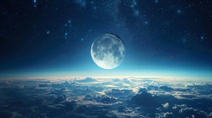 Full moon rising over a sea of clouds with a starry night sky. a concept for space,dreams,and celestial backgrounds.