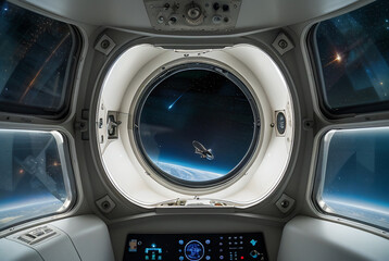 
Spaceship cockpit view of outer space, with control panels and stars visible through the window.