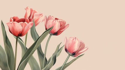 Fototapeta premium Pink tulips on beige backdrop with room for text Floral design Artistic botanical poster