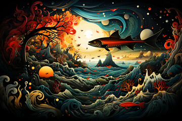 Digital Illustration of a Red Fish Flying over a Dark Ocean