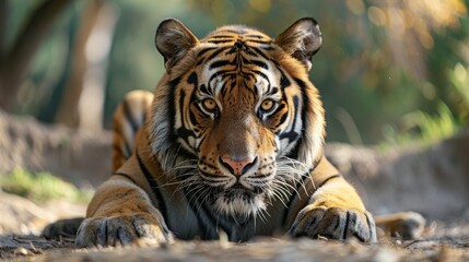 Close-up of a tiger's face and paws,with a blurred background. The tiger's eyes are focused and intense,giving a sense of power and danger.