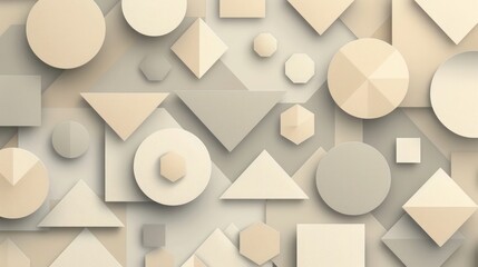 A modern abstract background filled with geometric shapes in neutral colors. Beige squares, ivory triangles, taupe circles, and gray hexagons