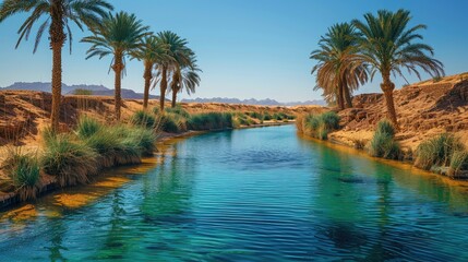 A tranquil oasis in a desert with palm trees and a small pool
