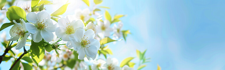 Obraz premium A close-up of white wild roses on the left side, with space for copy against a blue sky background. The flowers have an orange center and delicate petals that create a romantic atmosphere. 
