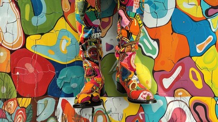 Abstract Patterned Male Legs in Boots Extend Beyond Picture Frame in Modern Art Collage