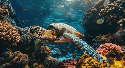 Fototapeta premium Sea Turtle Swimming Through Colorful Coral Reef