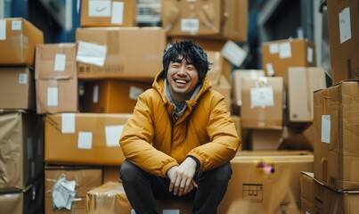 young Japanese man in amber jacket laughing heartily while sitting on boxes in warehouse filled with stacked cardboard packaging creating a bustling atmosphere of busy logistics activity