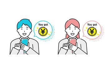 スマホでお金を稼ぐ男性と女性のイラスト