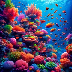 Obraz premium 3d wallpaper coral reef colorful tropical fish in aquatic aquarium