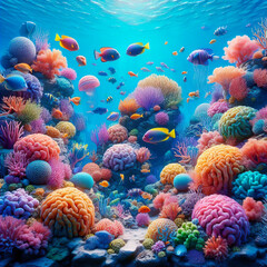 Obraz premium 3d wallpaper coral reef colorful tropical fish in aquatic aquarium