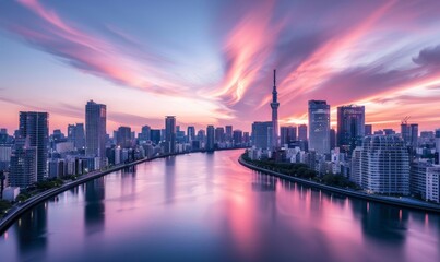Fototapeta premium beautiful view of the Tokyo skyline at sunset with pink and purple hues capturing the city's vibrant energy and the Chiragin Tower standing out against other skyscrapers along the river