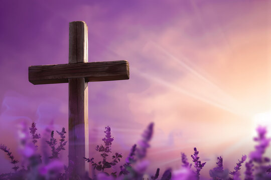lent season holy week and good friday concepts photo of wooden cross in purple vintage background - Powered by Adobe