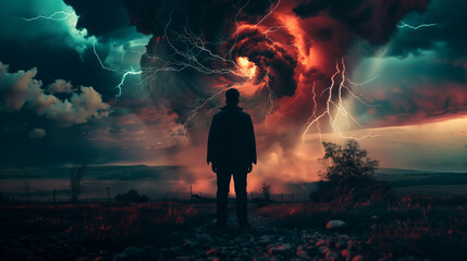 Man in front of a destructive, terrifying tornado with lightning flashing through it