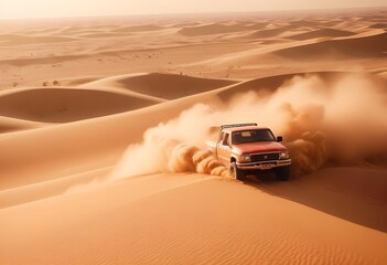 A red jeep drives through the desert sand