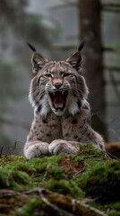 Fototapeta premium Yawning Lynx in a Misty Forest