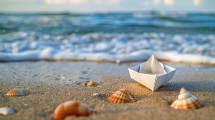 Naklejka premium Paper boat on sandy beach with shells and stones sea waves in background Space for text Idea of travel