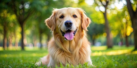 Close-up of a fluffy golden retriever playing in a park, dog, pet, animal, cute, furry, domestic, happy, playful