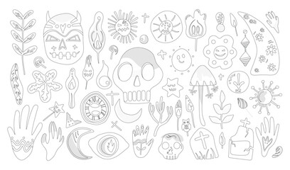 Set of isolated Halloween decoration elements in doodle hand-drawn graphic vector illustration on transparent background 4. Black outline style for coloring book.