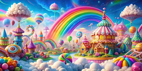 Amusement park filled with colorful candies, fluffy clouds, rainbows, fairies, and candy Candyland paradise , amusement park