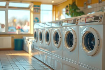 A row of front-loading washing machines lines the interior of a clean and modern urban laundromat.